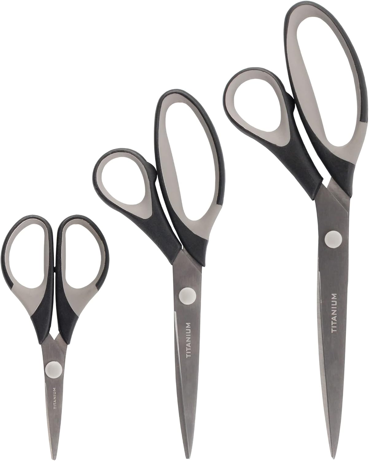 BambooMN Titanium Softgrip Scissors Set for Sewing, Arts, Crafts, Office - 30 Sets of 3 - Black w/Dark Grey Inlays