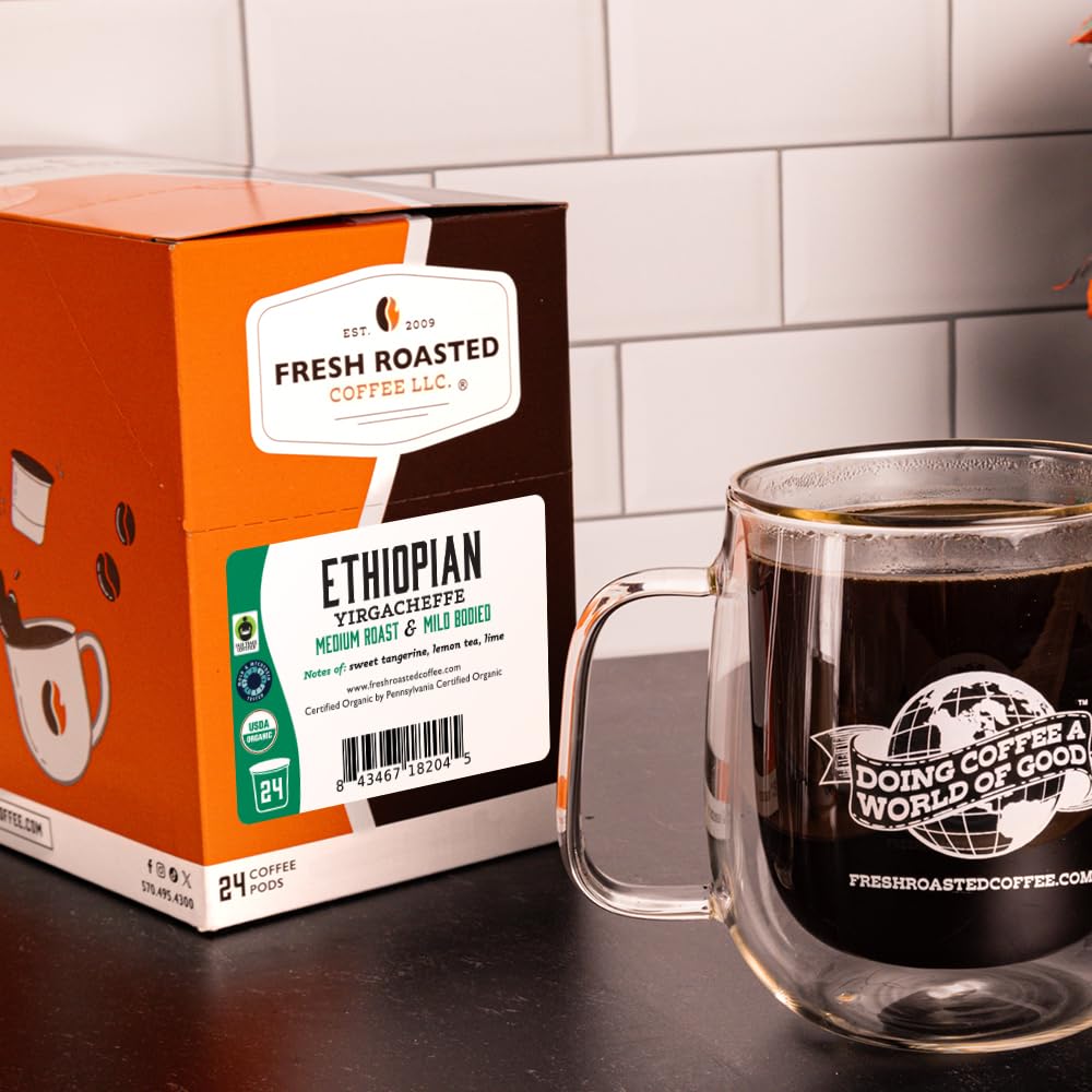 Fresh Roasted Coffee, Organic Ethiopian Yirgacheffe | USDA Organic, Kosher, 3rd Party Tested for Mold, Myco, Pesticides | 24 Pods for K Cup Brewers