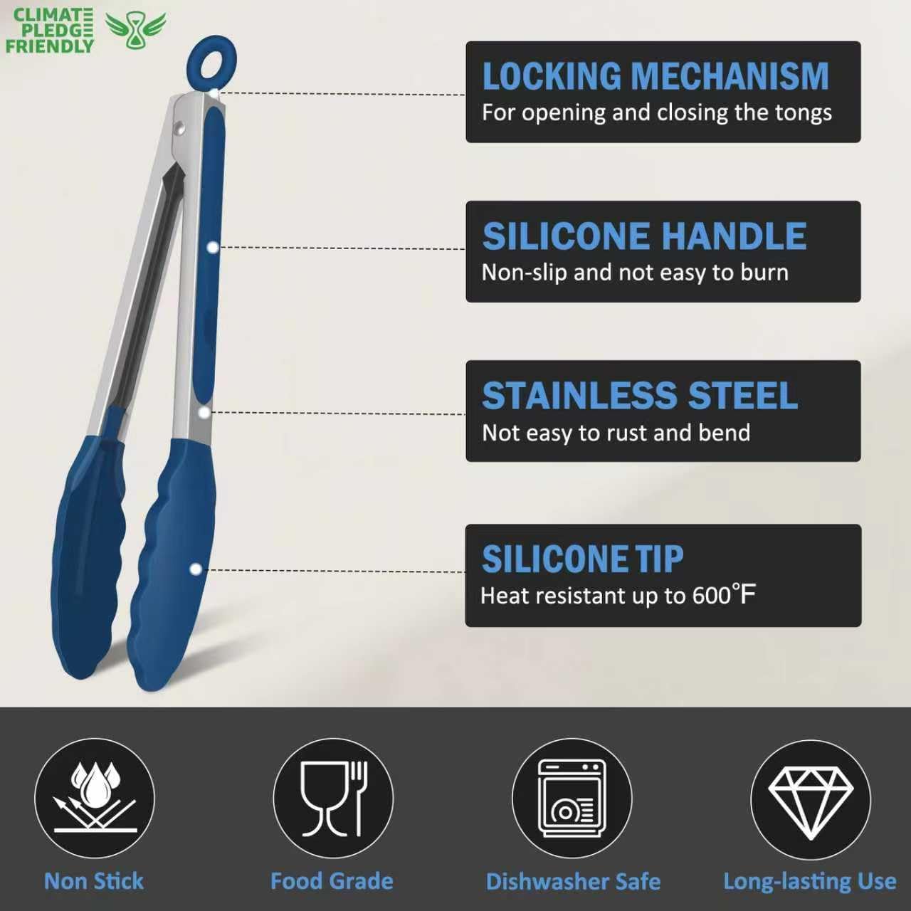 Kitchen Tongs, Stainless Steel Silicone Tongs for Cooking 600ºF High Heat-Resistant BBQ Grilling Locking Tongs, Set of 2-9" and 12" Classic Blue
