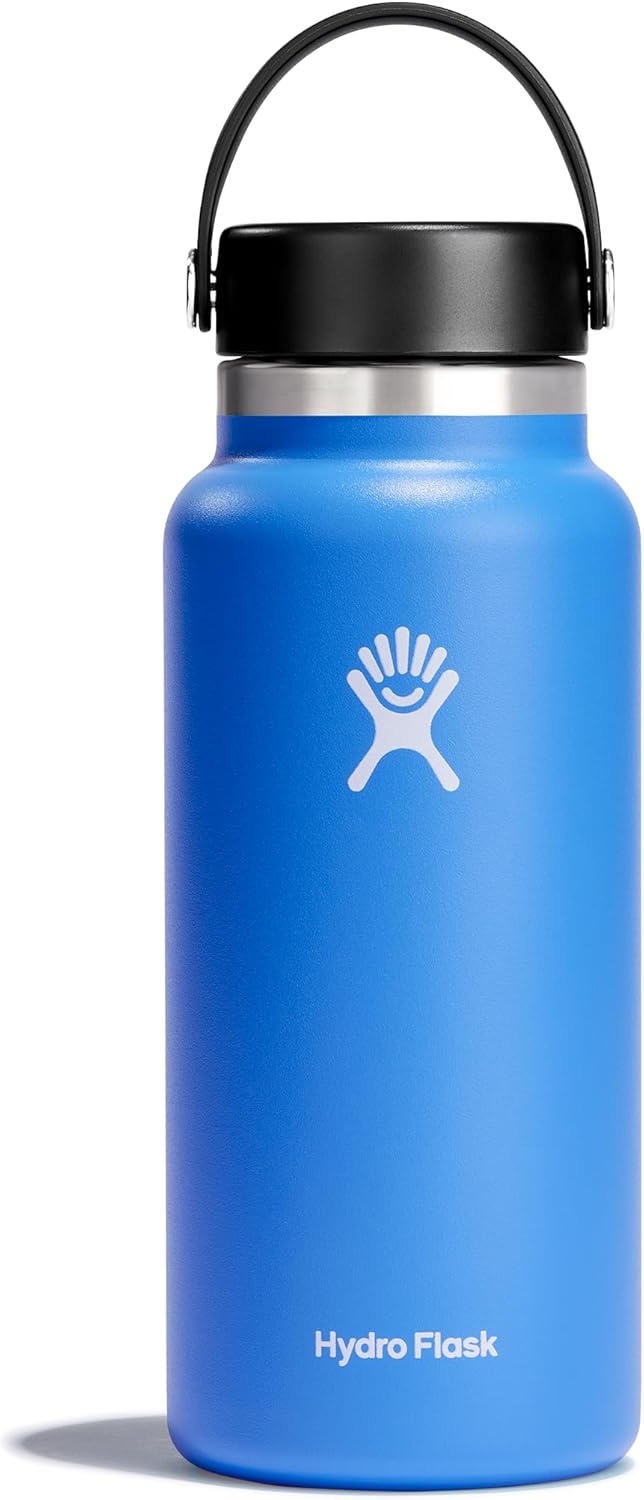 Hydro Flask Water Bottle - Insulated Stainless Steel - Wide Mouth Flex Lid, Non Spill, Leakproof and Refillable in 32 Oz Cascade Blue