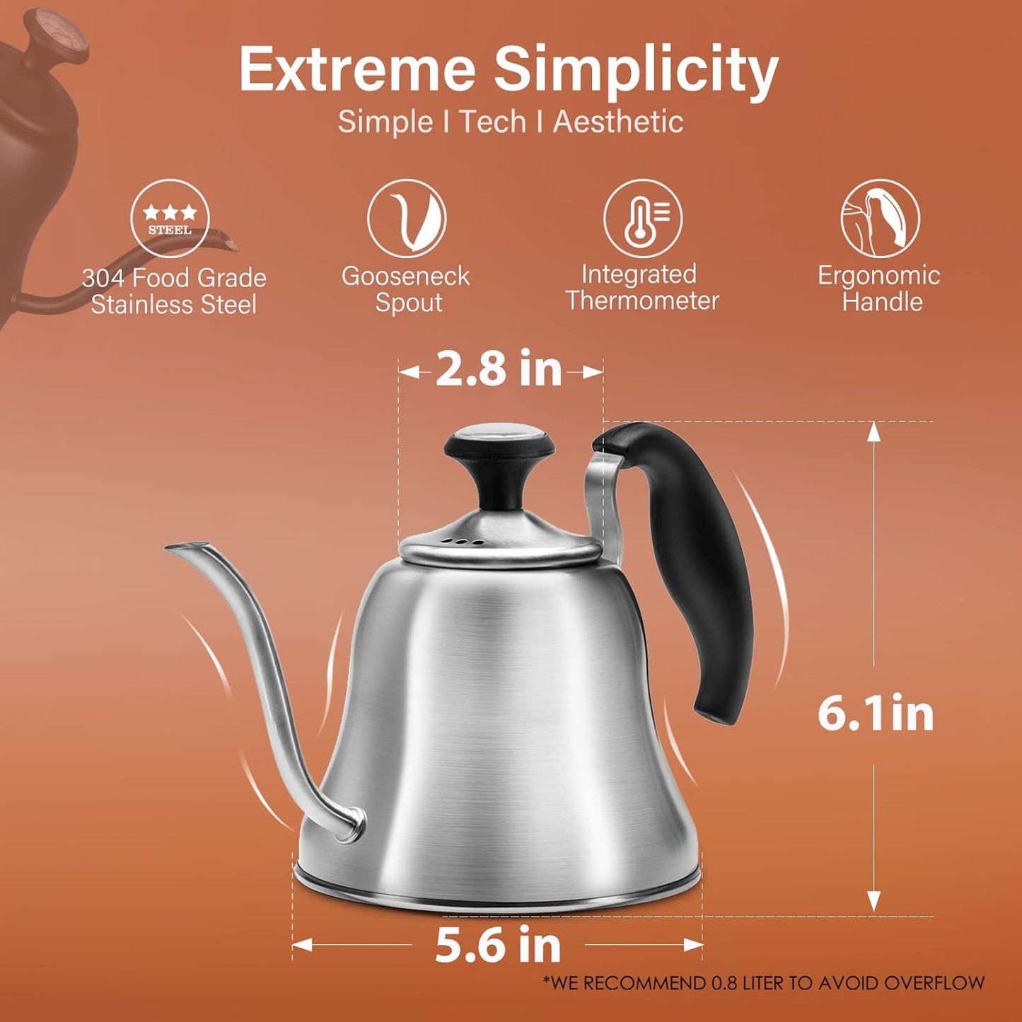 Tea Kettle with Thermometer for Stove Top Gooseneck Kettle, Pour Over Coffee Tea Pot, Goose Neck Tea Pot Stovetop, Hot Water Heater for Camping, Home & Kitchen, Stainless Steel - Small 28oz