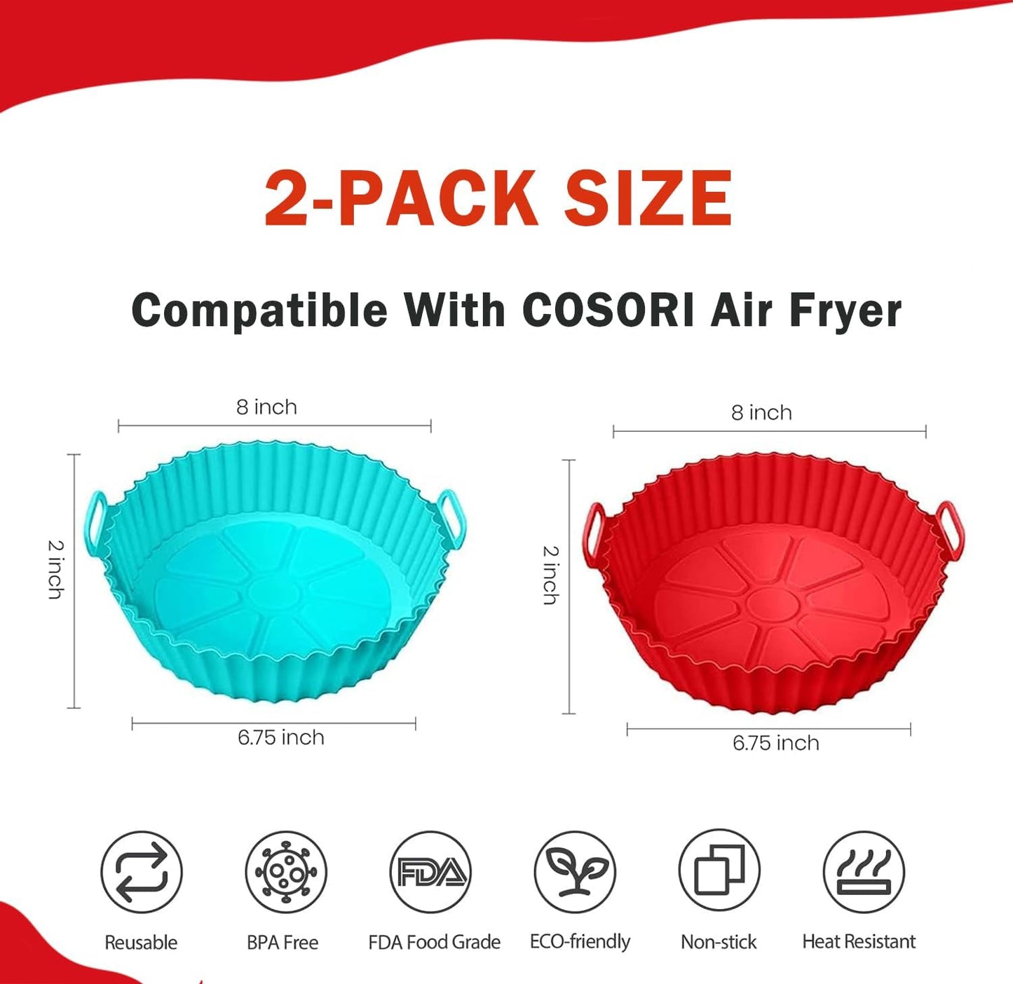 2 Pack,Air Fryer Silicone Liners Compatible With COSORl Air Fryer Or 5 QT Or Bigger (Red+Blue)