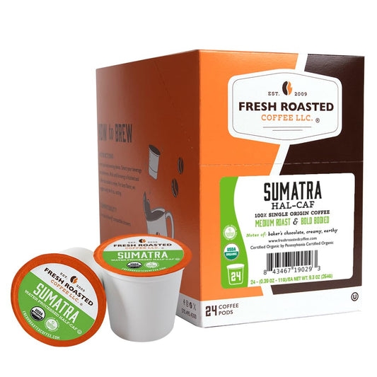 Fresh Roasted Coffee, Organic Sumatra Water-Processed Half-Caf | 100% Single Origin, USDA Organic, Kosher | Medium Roast K-Cup Compatible | 24 Pods