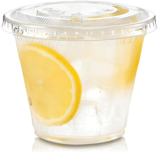 Fit Meal Prep 100 Pack 9 oz Clear Plastic Cups with Flat Lids, Disposable Iced Coffee Cups, BPA Free Premium Crystal Smoothie Cup for Party, Lemonade Stand, Cold Drinks, Juice, Milkshake