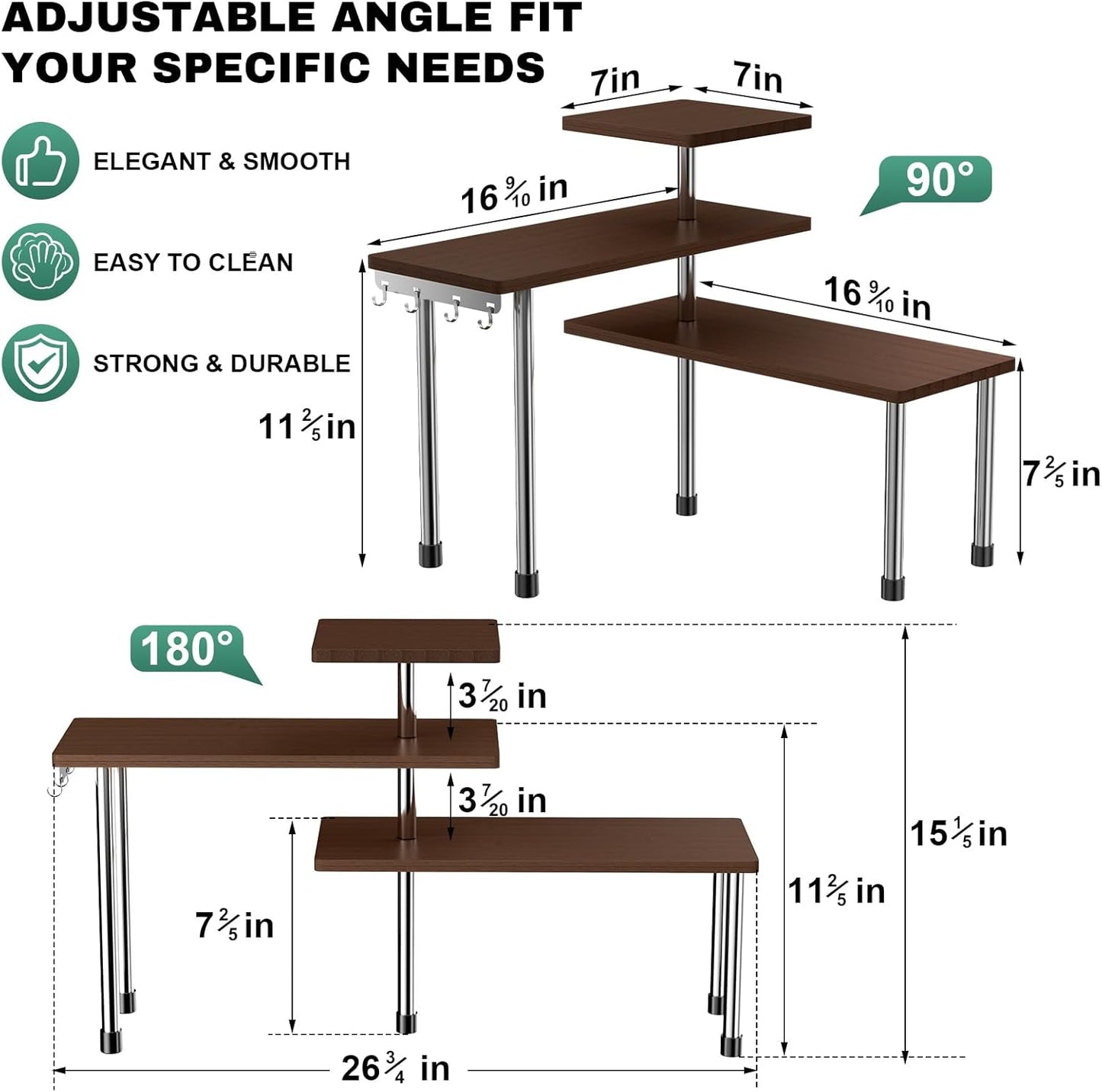 ZHWS Bathroom Counter Organizer for MakeUps, Dresser Table, Kitchen Countertop Organizer Adjustable 3 Tier Corner Shelf with 4 Metal Hooks for Coffee Bar, Spice Rack, Over Sink