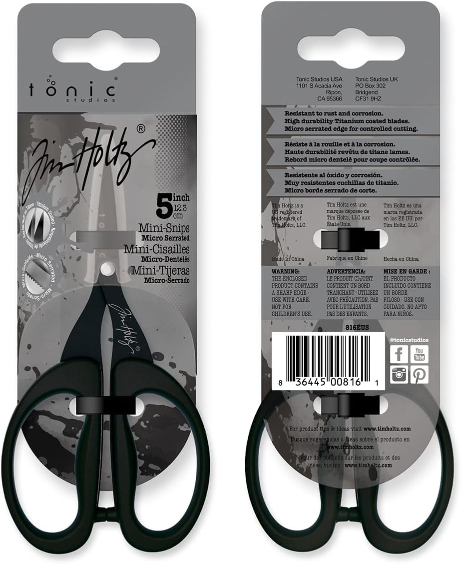 Tim Holtz Small Scissors - 5 Inch Mini Snips with Micro Serrated Blade - Craft Tool for Cutting Paper, Fabric, and Sewing - Titanium with Black Comfort Grip Handles