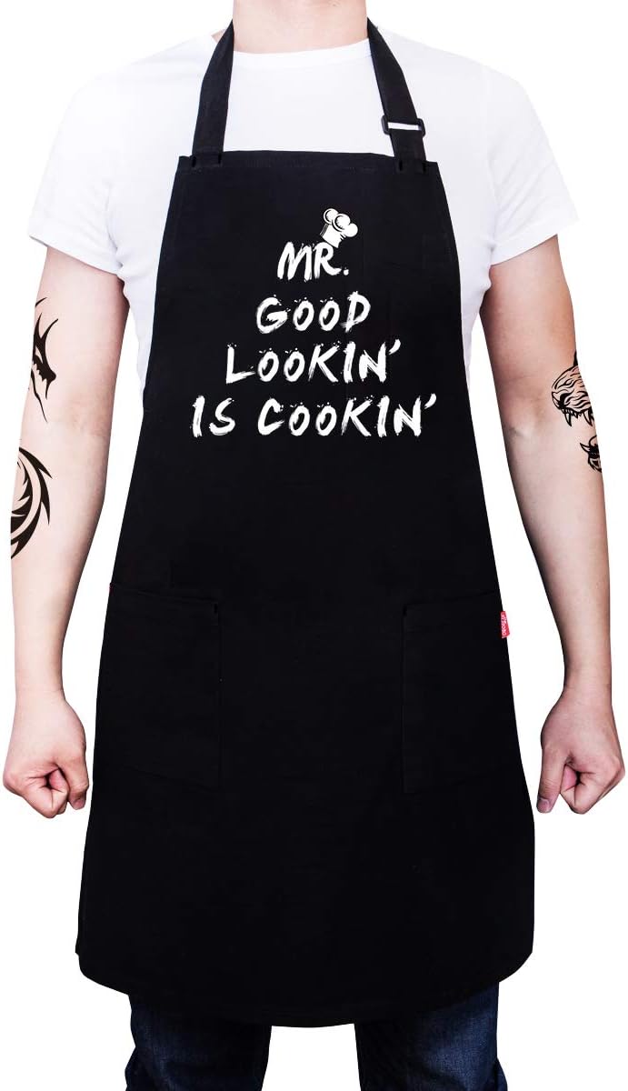 Kitchen Chef Apron - MR. GOOD LOOKIN' IS COOKIN' Funny Aprons for Men Dad - Adjustable Bib Apron with 2 Pockets and 40" Long Ties, Perfect for Cooking, Grilling, BBQ, Baking - Black