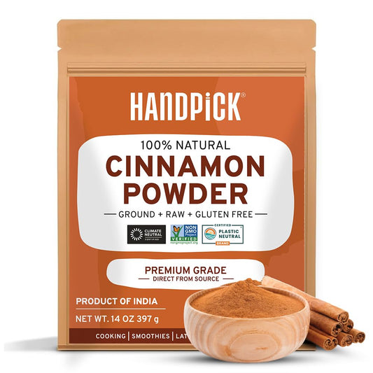 HANDPICK, Cinnamon Powder (397g/14oz) Non GMO, Gluten Free, 100% Raw, Sourced from South India, For Cooking, Smoothies, Lattes, Tea, Packed in Resealable Ziplock Pouch