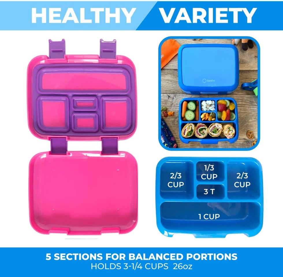 kinsho Bento Lunch Box for Kids Toddlers Boys Girls, 5 Portion Sections Secure Lid, Microwave Safe BPA Free Removable Tray, Pre-School Kid Daycare Lunches Snack Container, Blue & Pink Purple 2 pack