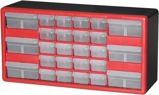 Akro-Mils 26-Drawer Plastic Drawer Storage Cabinet for Garage Organization, Bead Organizer, Building Bricks Storage, Teacher Toolbox, Makeup Organizer, 20" W x 6" D x 10" H, 10126 Red