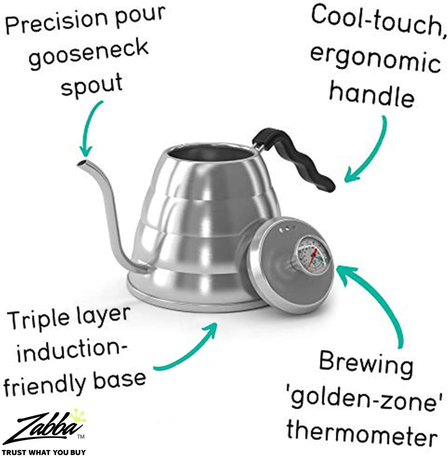 Coffee Gator Gooseneck Kettle with Thermometer - 34oz Premium Stainless Steel Pour Over Coffee Maker Kettle, Stove Top, w/Precision Drip Spout, for Drip Coffee, French Press, Tea Kettle, 4 Cup, 1L