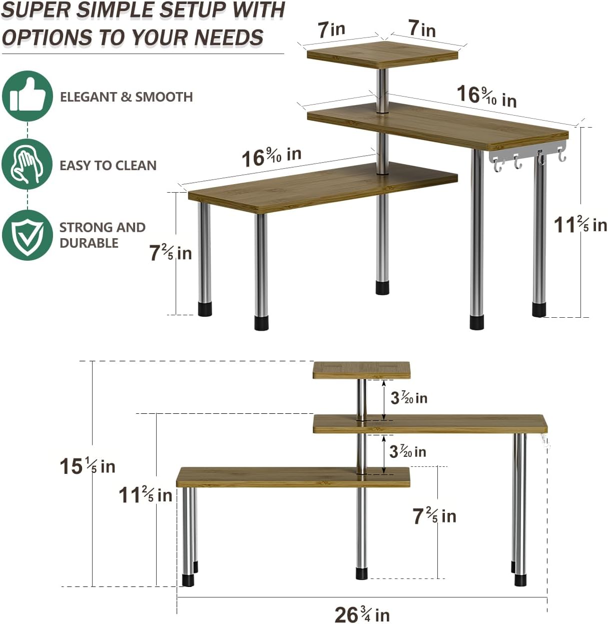 ZHWS Kitchen Corner Shelf Countertop Organizer - 3 Tier Bamboo & Metal Kitchen Organization Plant Stand Living Room Office, Spice Rack On Counter Shelves, Antique