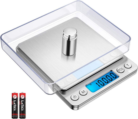 (New) AMIR Digital Kitchen Scale, 500g/ 0.01g Mini Pocket Jewelry Scale, 100g Calibration Weight, Cooking Food Scale, Back-Lit LCD Display, 2 Trays, 6 Units, Auto Off, Tare, PCS, Stainless Steel
