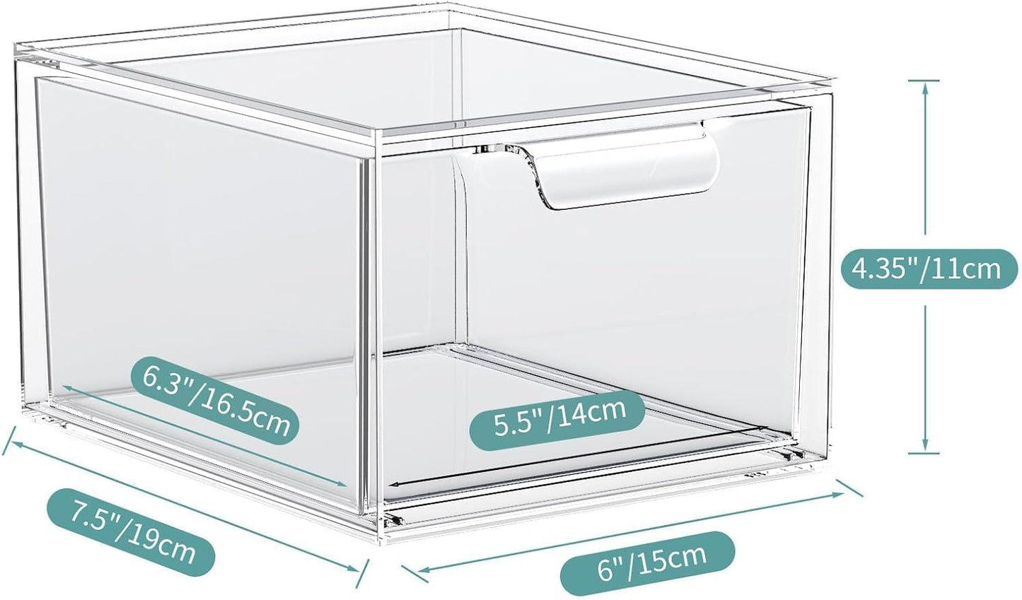 3 Pack Stackable Makeup Organizer and Storage, Acrylic Organizers，Clear Plastic Storage Drawer with Handles for Vanity, Undersink, Kitchen Cabinets, Pantry