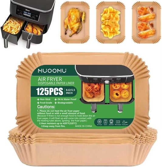 Air Fryer Disposable Paper Liners for Ninja Dual Airfryer Accessories, Non-Stick Parchment Rectangular for Baking, Oil Proof, Water Proof, for Microwave Oven (125PCS, 8.6in x 5.5in）