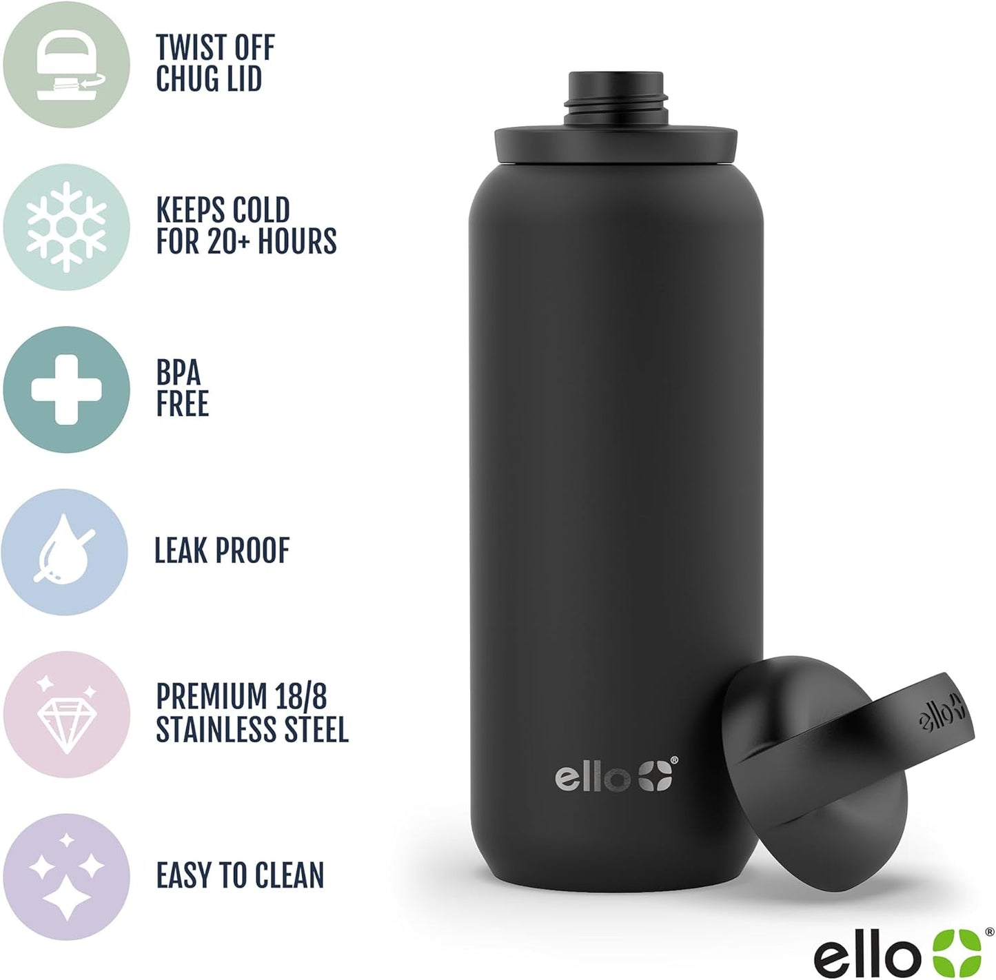 Ello Cooper Twist 32oz Stainless Steel Water Bottle with Chug Lid | Leak Proof | Double Walled and Vacuum Insulated | Built in Carry Loop | Dishwasher Safe | Gray