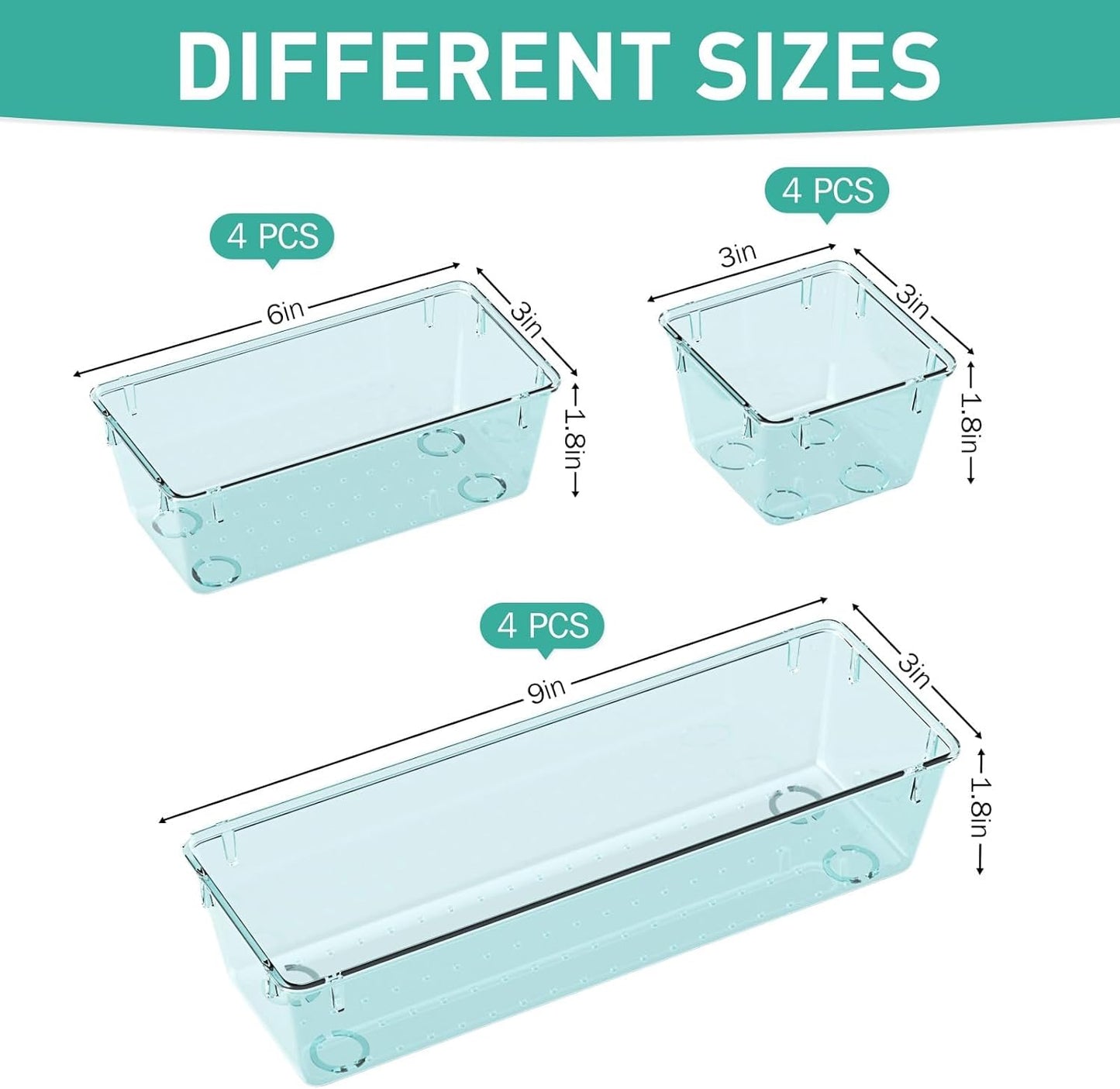 WOWBOX 12 Pack Clear Drawer Organizer Set, Acrylic Drawer Storage Trays, Storage Bins for Makeup, Cosmetics, Jewelries, Utensils, Gadgets, Office, Sea Blue