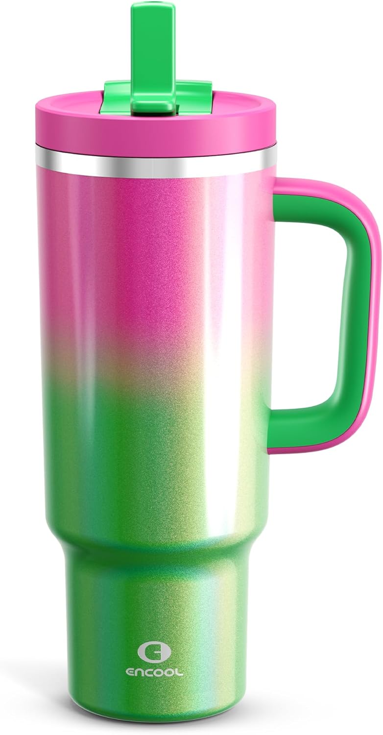 40 oz Tumbler with Handle and Straw: Stainless Steel Insulated Tumbler Keeps Cold for 24 Hours, Leakproof Travel Cup Fits in Cup Holder and BPA-Free, Fuchsia