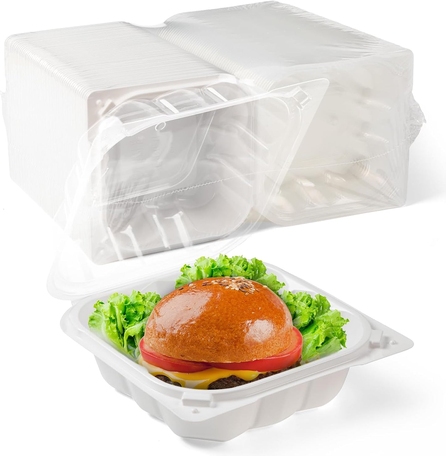 YANGRUI Food Containers 6" 17 oz 55 Pack - Reusable Crystal View Fog Resistant Lid BPA Free Pure PP Plastic Burger Box | Shrink Sealed Hygienic Freezer & Microwave Safe | White Sushi Takeout Container