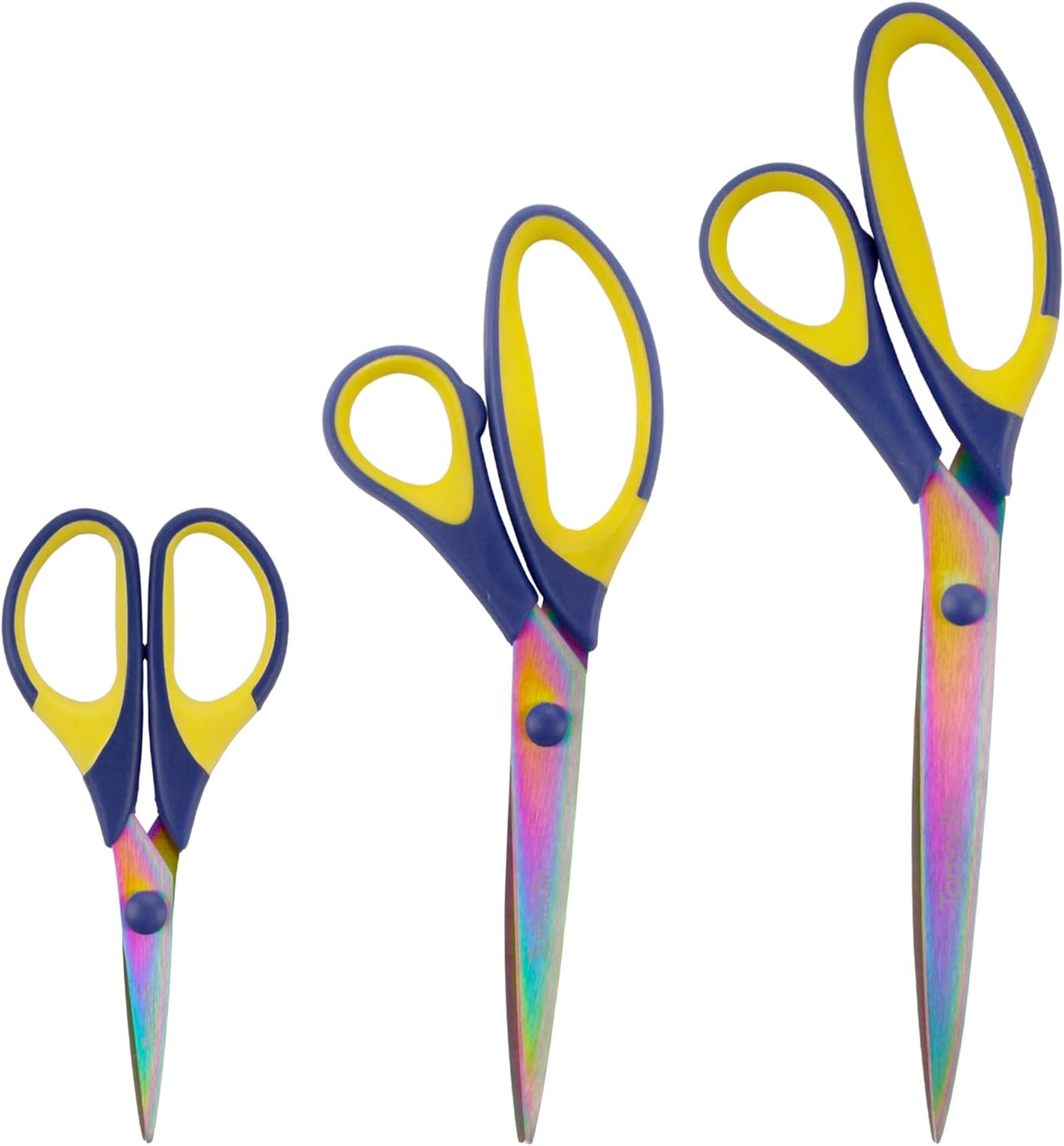 BambooMN Titanium Softgrip Scissors Set for Sewing, Arts, Crafts, Office - Blue w/Yellow - 3 Sets of 3