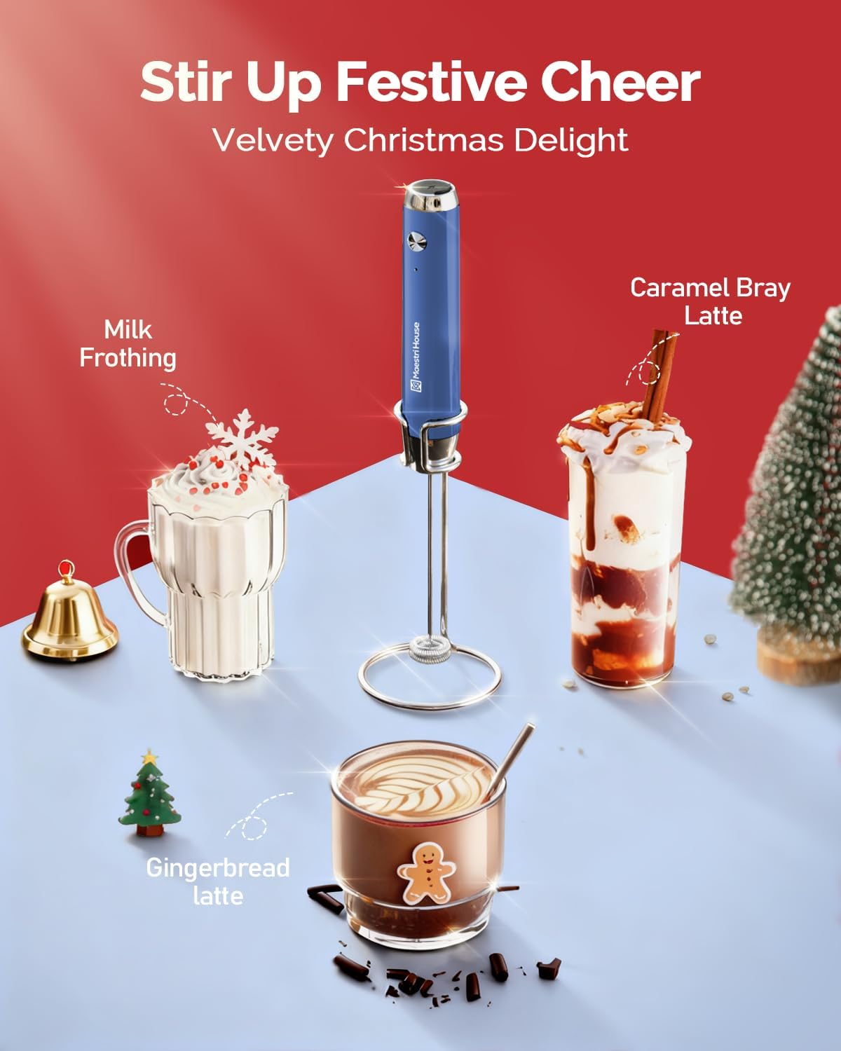 Maestri House Rechargeable Milk Frother with Stand, Handheld Electric Foam Maker Waterproof Detachable Stainless Steel Whisk Drink Mixer Foamer for Lattes, Cappuccino (Midnight Blue (Gift Box))