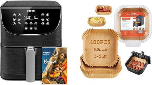 COSORI Pro Gen 2 Air Fryer 5.8QT & Air Fryer Liners, 100 PCS Square Disposable Paper Liners, Non-Stick Silicone Oil Coating, Little to No Cleaning