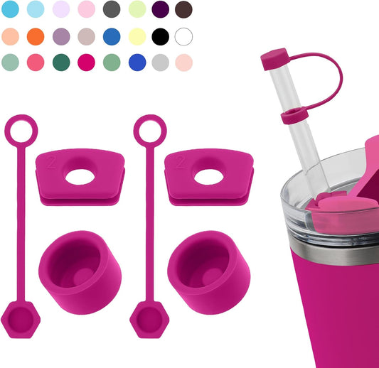 Silicone Spill Stopper Set for Tumbler Cup 2.0 30oz & 40oz with Straw Cover (Set of 2, Fuchsia)