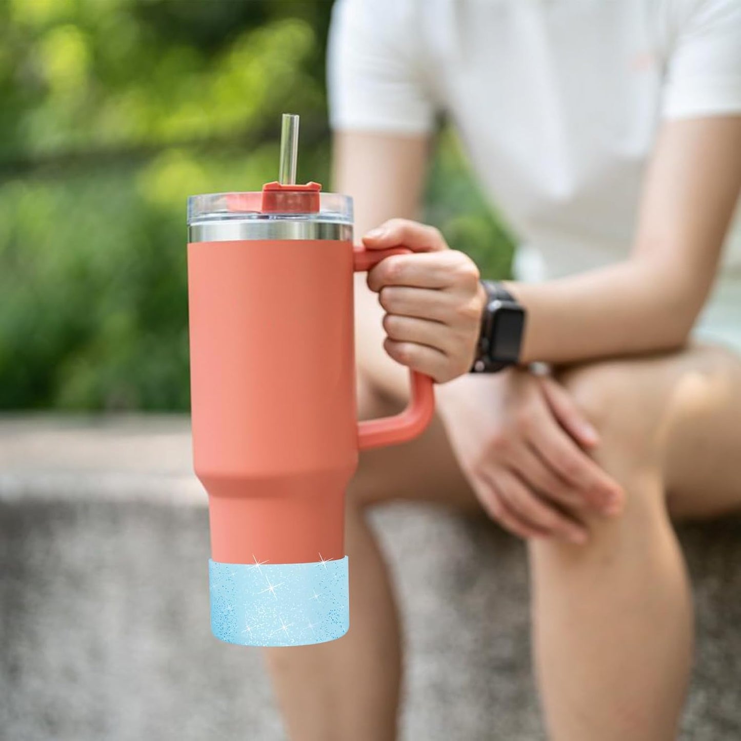 Upgrade 2PCS Protective Silicone Boot Bumper for Stanley Quencher Adventure 40oz 30oz IceFlow 20oz 30oz Tumbler, Water Bottle Bottom Sleeve Cover Accessories for Stanley Mug Cup(Glitter Blue)