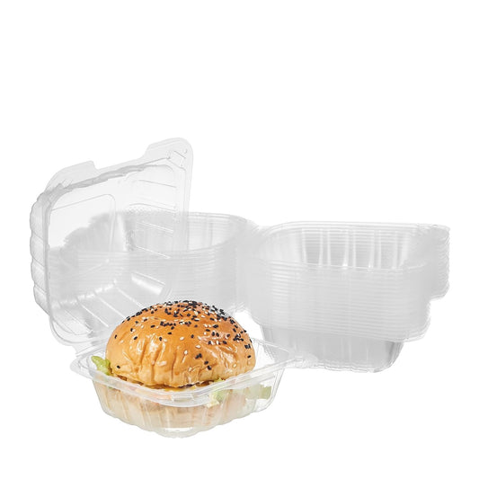 FULING 100 Count Clear Plastic Hinged Food Take Out To-Go Clamshell Containers, 6" W Disposable Takeout Tray for Dessert, Cakes, Cookies, Salads, Pasta, Sandwiches