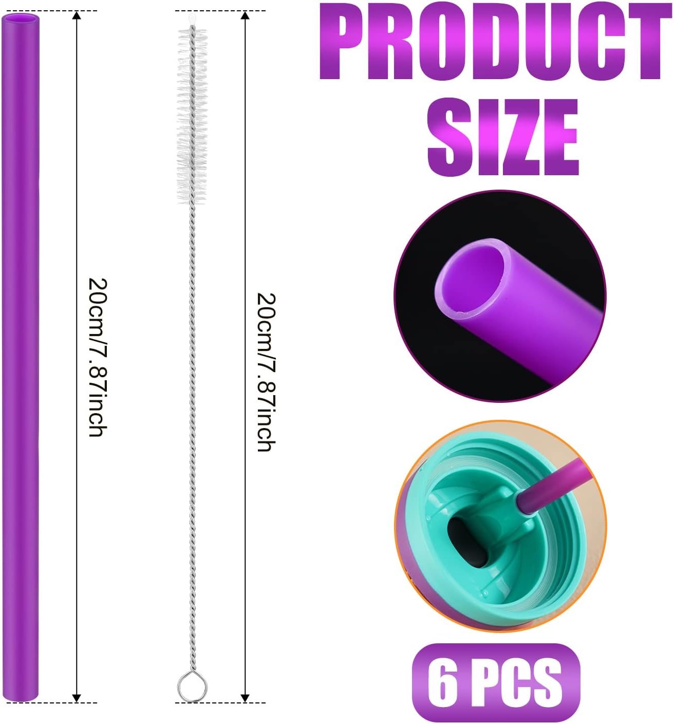 6pcs Replacement Straws for Owala FreeSip 24oz 32oz, Reusable Plastic Straws with Cleaning Brush for Owala Insulated Water Bottle 24 oz 32 oz, Tumbler Accessories (Purple)