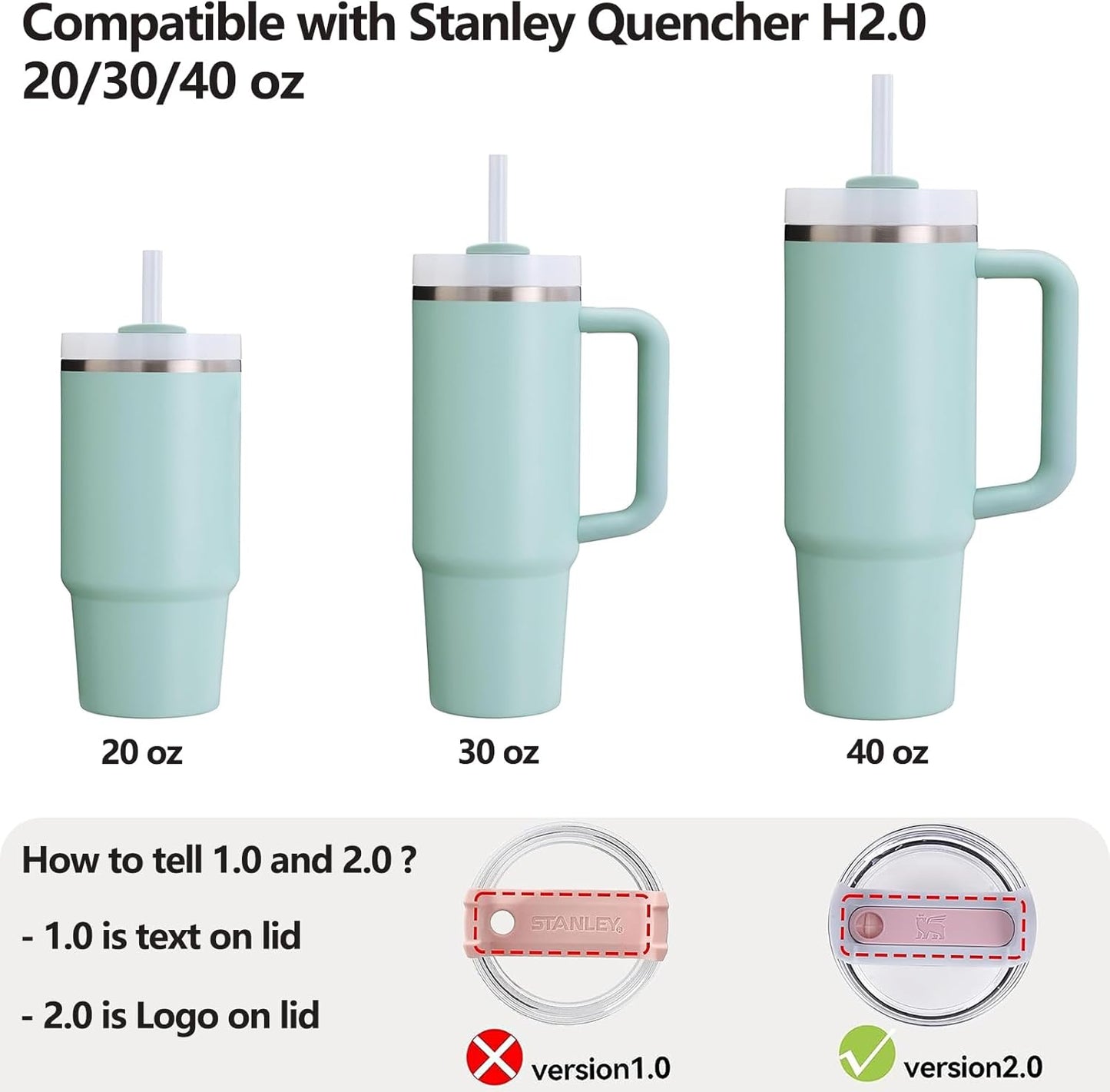 Silicone Spill Stopper Set Compatible with Stanley Cup 2.0 30oz & 40oz with Straw Cover (Set of 2, Seafoam)