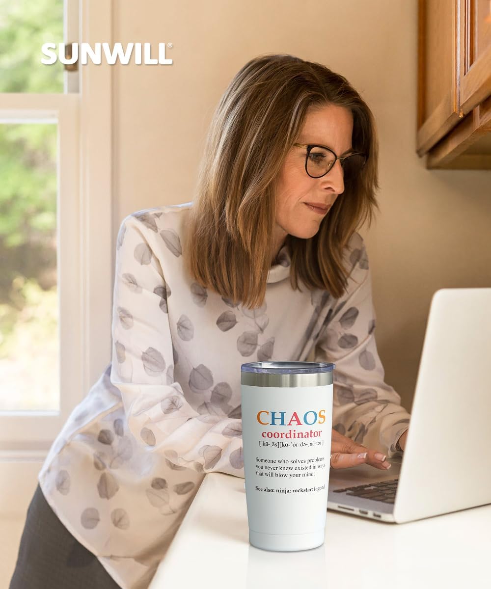 SUNWILL Coffee Tumbler with Lid, Christmas Gifts for Women, Stainless Steel Insulated Mug, CHAOS Coordinator Cups for Birthday, Thank you, Graduation - 20 oz Snow White