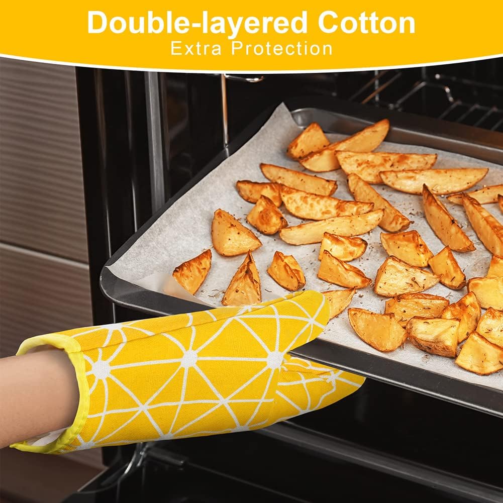 AUAUY Oven Mitts and Potholders BBQ Gloves-Oven Mitts and Pot Holders with Recycled Infill Silicone Non-Slip Cooking Gloves for Cooking Baking Grilling (6-Piece Set,Yellow)