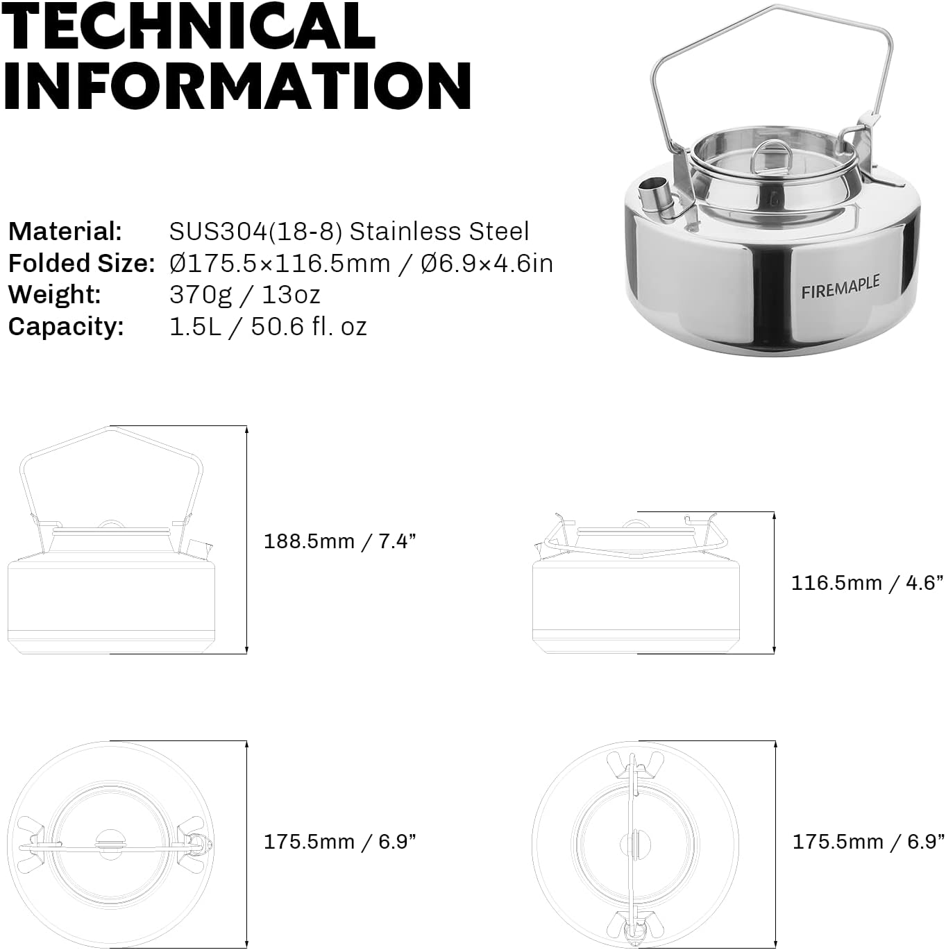 Fire-Maple Antarcti 1.5L Kettle Series | Portable Durable Bushcraft Gear Open Fire Kettle | SUS304 Stainless Steel