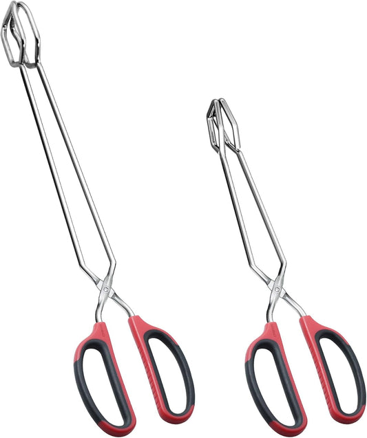 12" 16" Extra Long Stainless Steel Kitchen Tongs Set, Non-Slip Comfortable Red Grip, Scissor Design, Heat Resistant for Cooking Grilling and Serving