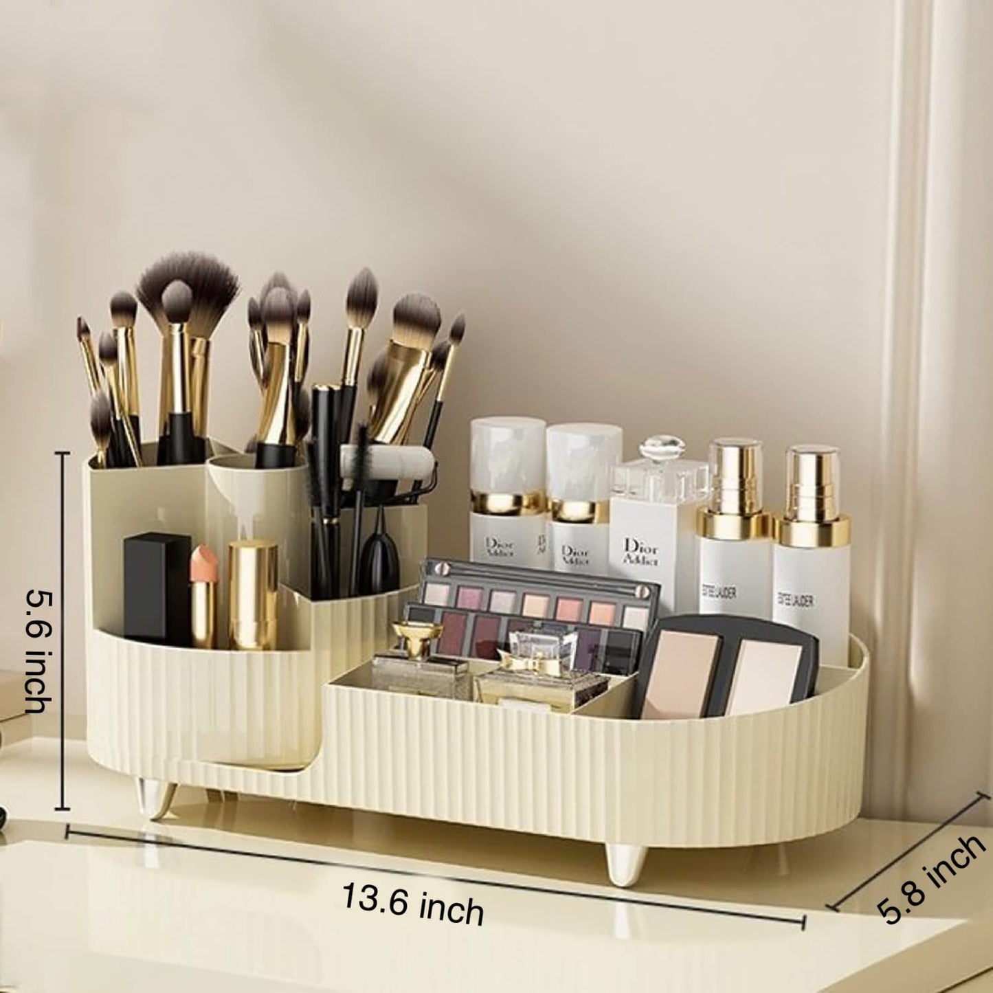 Rotating makeup organizer,Large Capacity Cosmetic Display Case, easy to hold all of your makeup products, at least 20 makeup brushes/eyeliner,10 lipsticks,8 skincare products(Ivory)