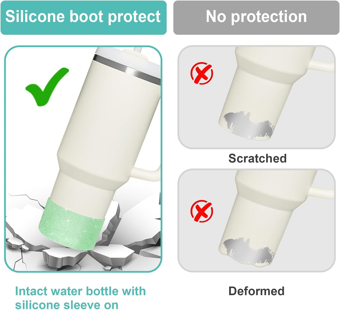 Upgrade 2PCS Protective Silicone Boot Bumper for Stanley Quencher Adventure 40oz 30oz IceFlow 20oz 30oz Tumbler, Water Bottle Bottom Sleeve Cover Accessories for Stanley Mug Cup(Glitter Green)