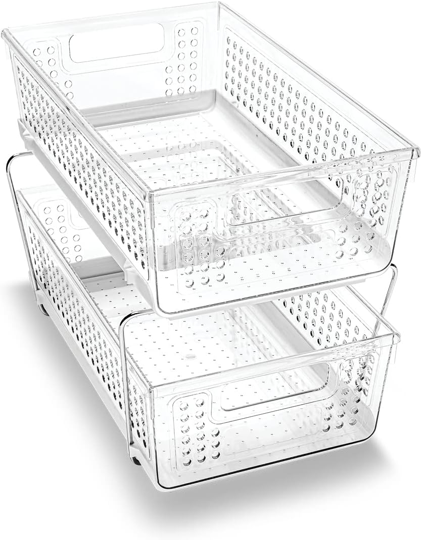 madesmart 2-Tier Organizer, Multi-Purpose Slide-Out Storage with Handles and Dividers for Home and Bath, Easy Assembly, BPA Free, Clear