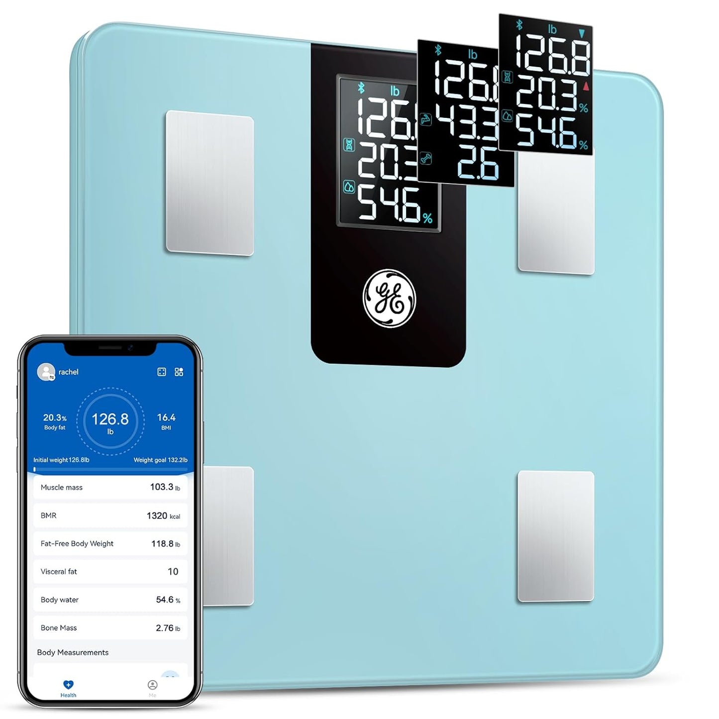 GE Smart Scale for Body Weight, BMI, Fat, Muscle Mass with 14 Metrics and All-in-one LCD Display, Digital Bathroom Scale Bluetooth Body Composition Analyzer with App, Accurate Weighing 400 lb Blue