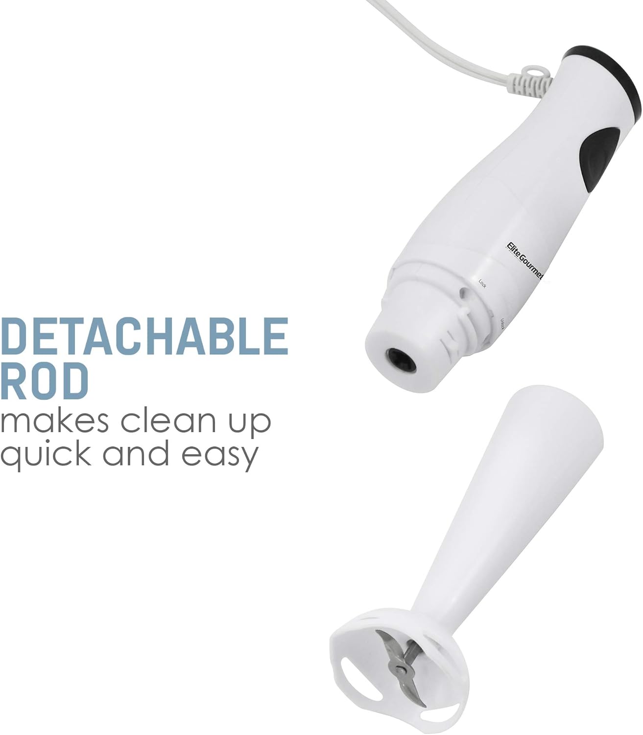 Elite Gourmet EHB2400W Electric Immersion Hand Blender, Mixer, Chopper, 1-Touch Control Multi Purpose Electric Immersion Stick, Mixer, Chopper, 150 Watts, For Soups, Sauces, Baby Food, White