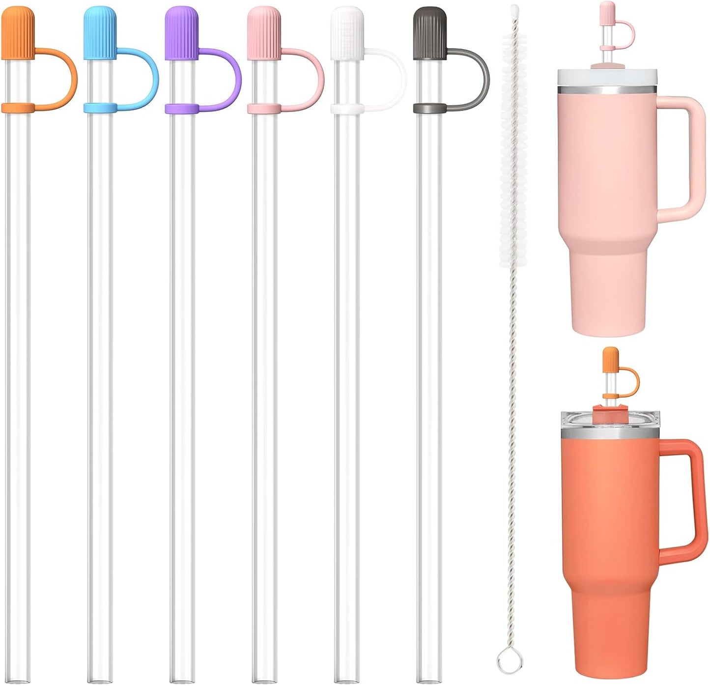 6 Clear Replacement Straws with Cover Caps for Stanley Cup 40 oz 64 oz Tumbler, Reusable Drinking Straws with Topper, Stopper, Cleaning Brush for Stanley Cup Accessorie