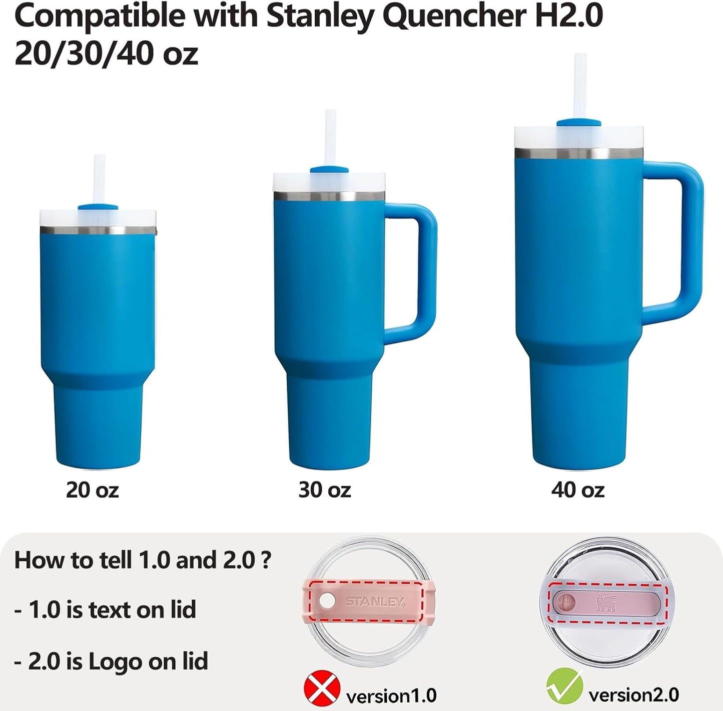 Silicone Spill Stopper Set Compatible with Stanley Cup 2.0 30oz & 40oz with Straw Cover (Set of 2, Azure)