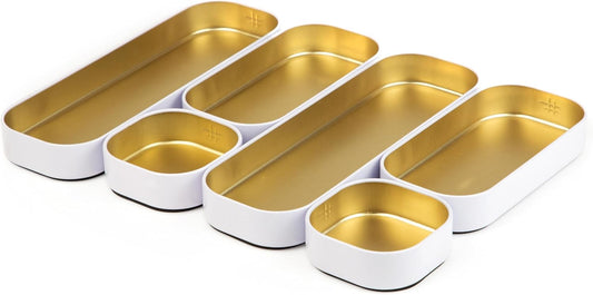 Three by Three Seattle 6 Piece Shallow Metal Organizer Tray Set for Storing Makeup, Stationery, Utensils, and More in Office Desk, Kitchen and Bathroom Drawers (1 Inch, Gold and White)