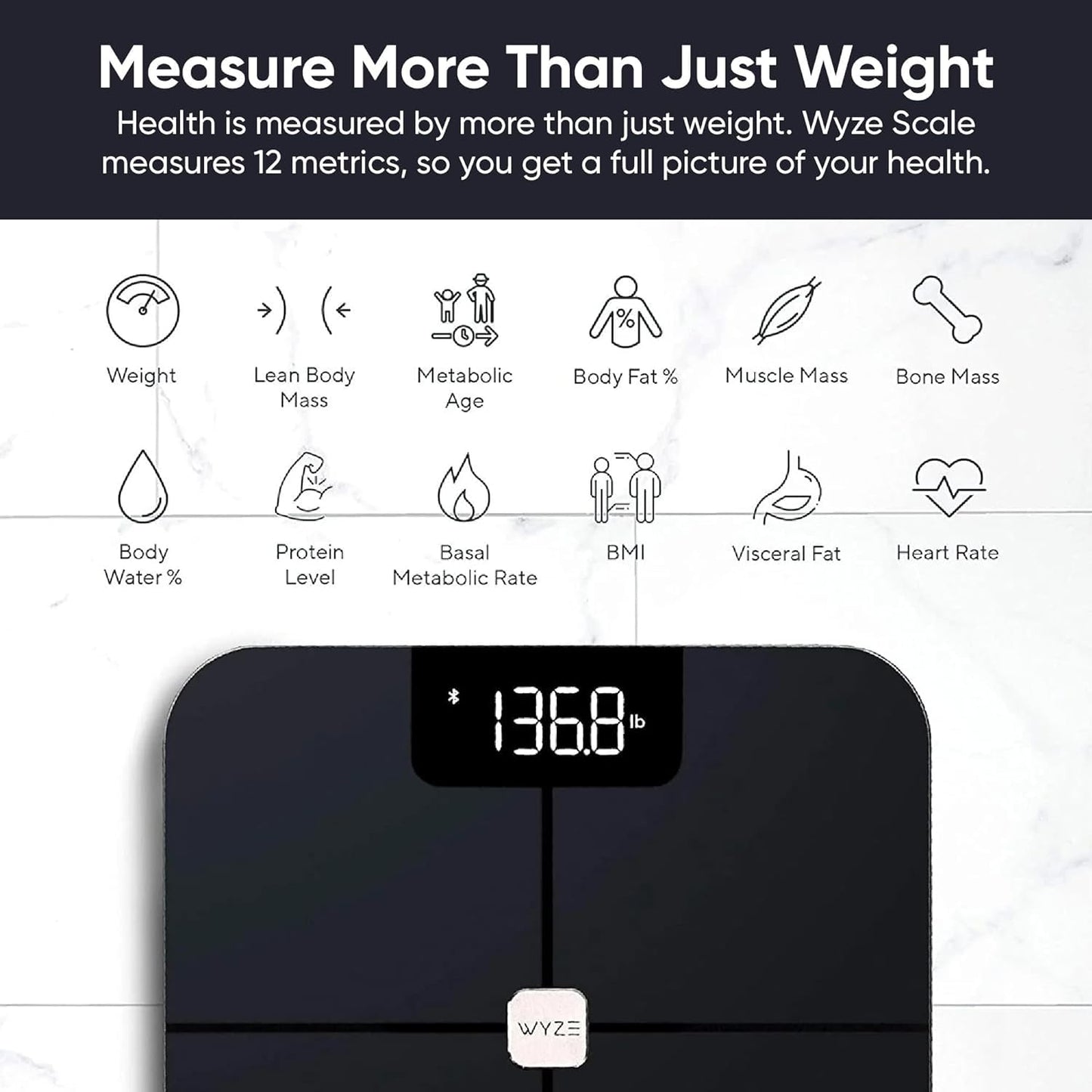 Wyze Smart Scale, Scale for Body Weight, Digital Bathroom Scale for Body Fat, BMI, and Heart Rate, Body Composition Analyzer with App, Batteries Included, Bluetooth, 400 lb, Black-New