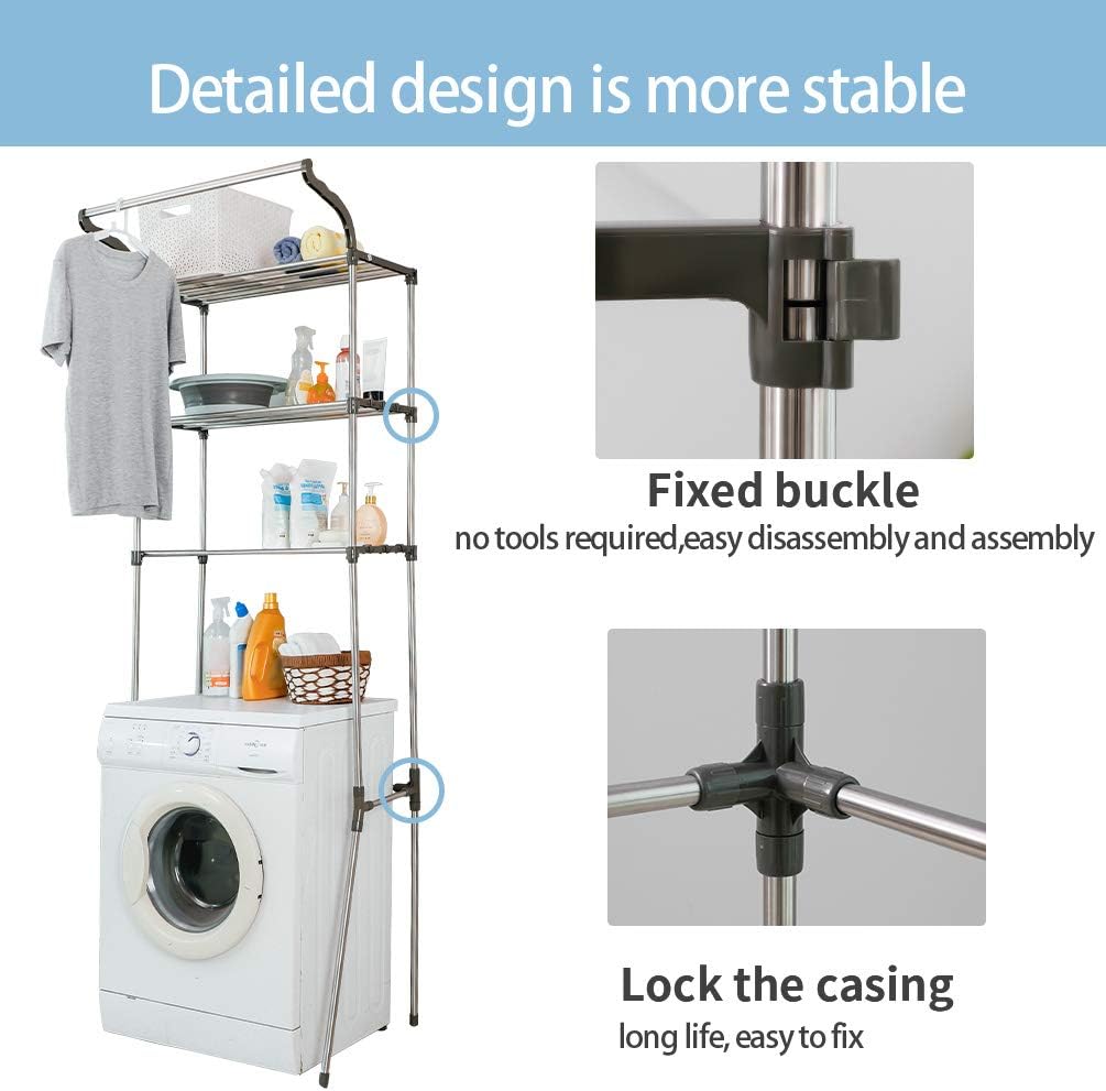 BAOYOUNI 3-Tier Over The Laundry Shelf Above Toilet Washing Machine Dryer Storage Utility Rack Clothes Hanger Rod Standing Bathroom Organization Space Saving Shelving Units, Grey