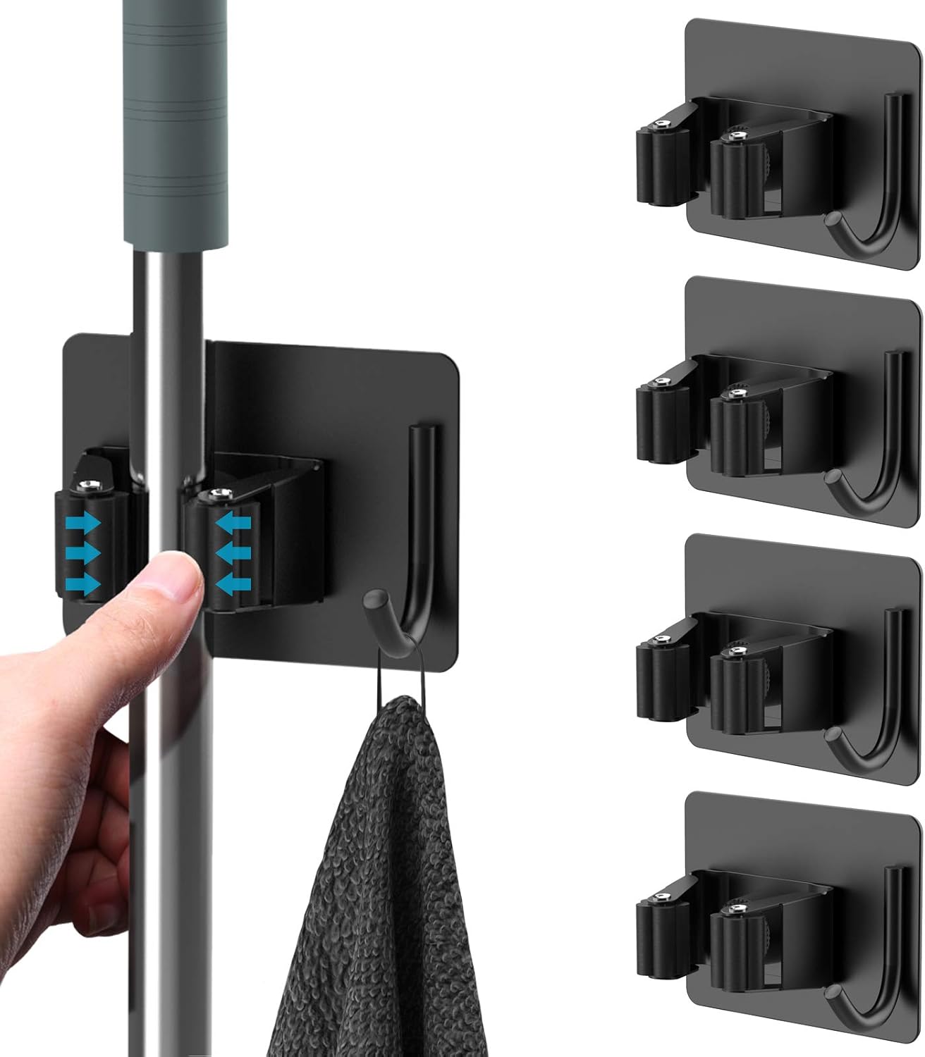 Mop Broom Holder No Drill, Mop Broom Organizer Wall Mounted Heavy Duty with Hooks Hanger, Self Adhesive Stainless Steel 6Pcs for Bathroom, Kitchen, Office (Black)