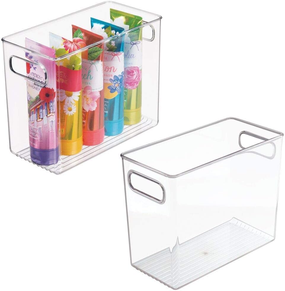 mDesign Slim Plastic Storage Container Bin with Handles - Bathroom Cabinet Organizer for Toiletries, Makeup, Shampoo, Conditioner, Face Scrubbers, Loofahs, Bath Salts - 5" Wide, 2 Pack - Clear