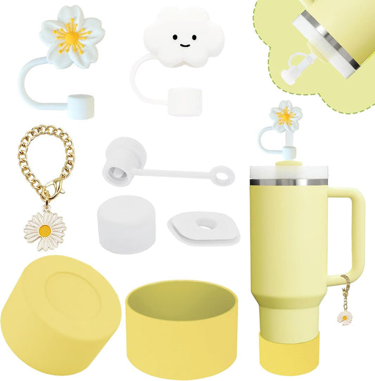 Stanley Cup Accessories Set,Including 2 Pcs 0.4in Straw Cover, 1 Silicone Spill-Proof Stopper, 1 Cute Handle Charm, 1 Silicone Boot Fits Stanley 40&30 Oz Tumbler (Lemon Yellow)