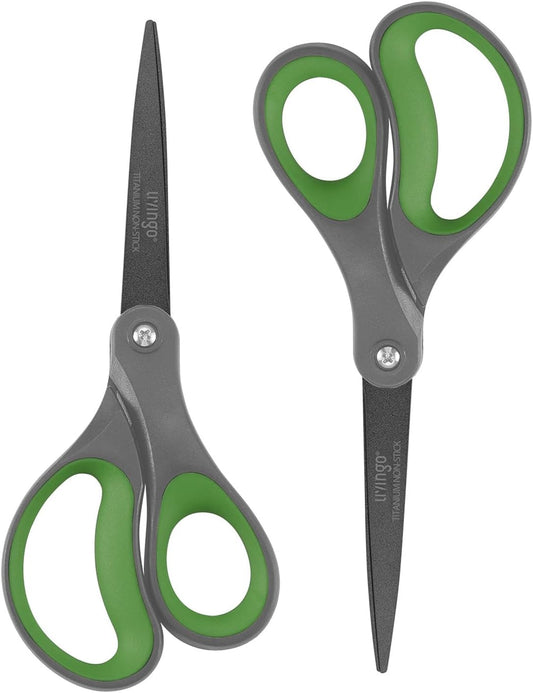 LIVINGO Sharp Scissors All Purpose - 2 Pack 8 Inch Titanium Coated Non Stick Steel Shears Heavy Duty for Office Home School Sewing Crafting Cutting Paper Fabric, Comfortable Grip (Gray & Green)