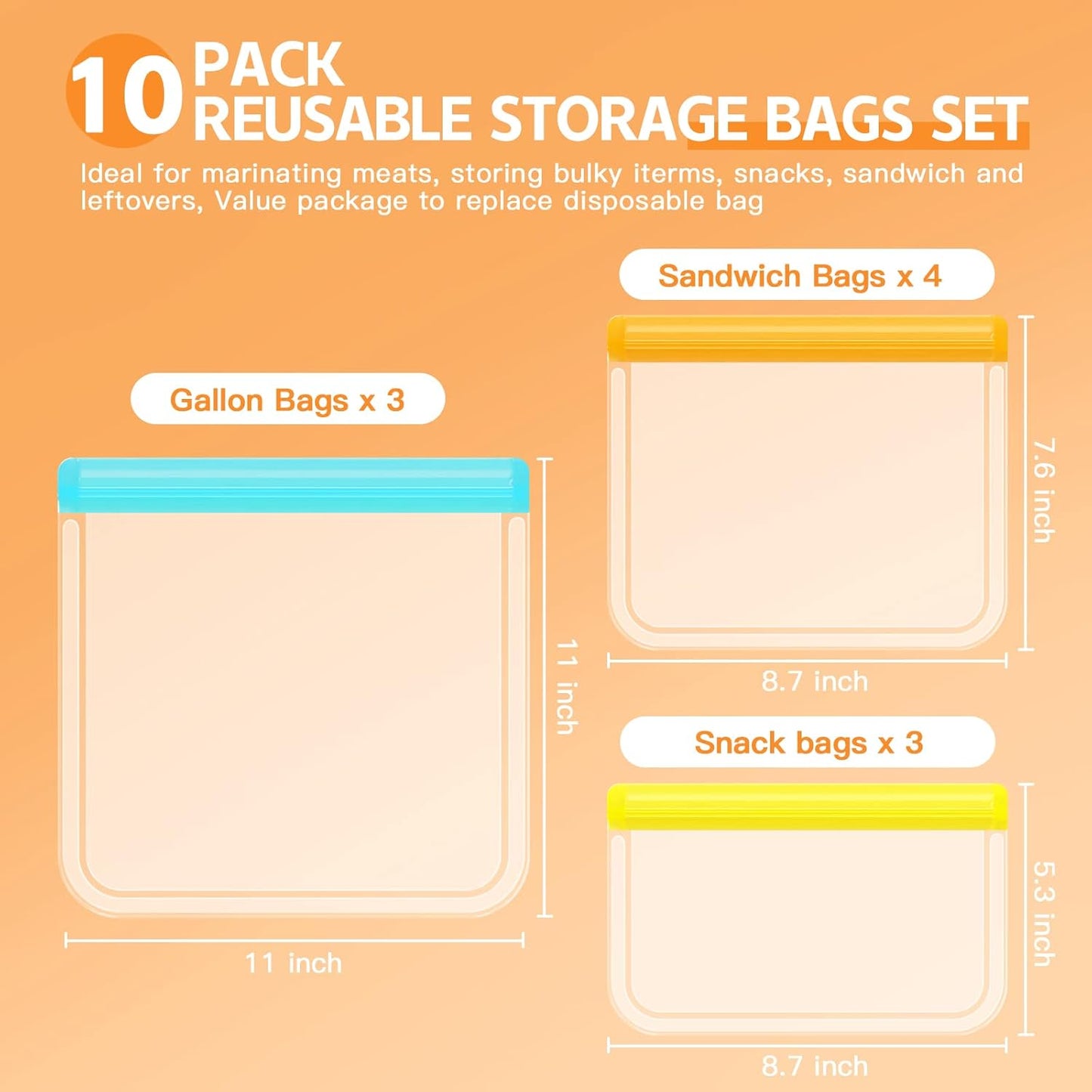 10 Pack Dishwasher Safe Reusable Bags, Silicone, Leakproof, BPA Free, Reusable Food Storage Bags for Lunch, Marinate, Freeze, Travel (Clear) - 3 Gallon, 3 Snack, 4 Sandwich